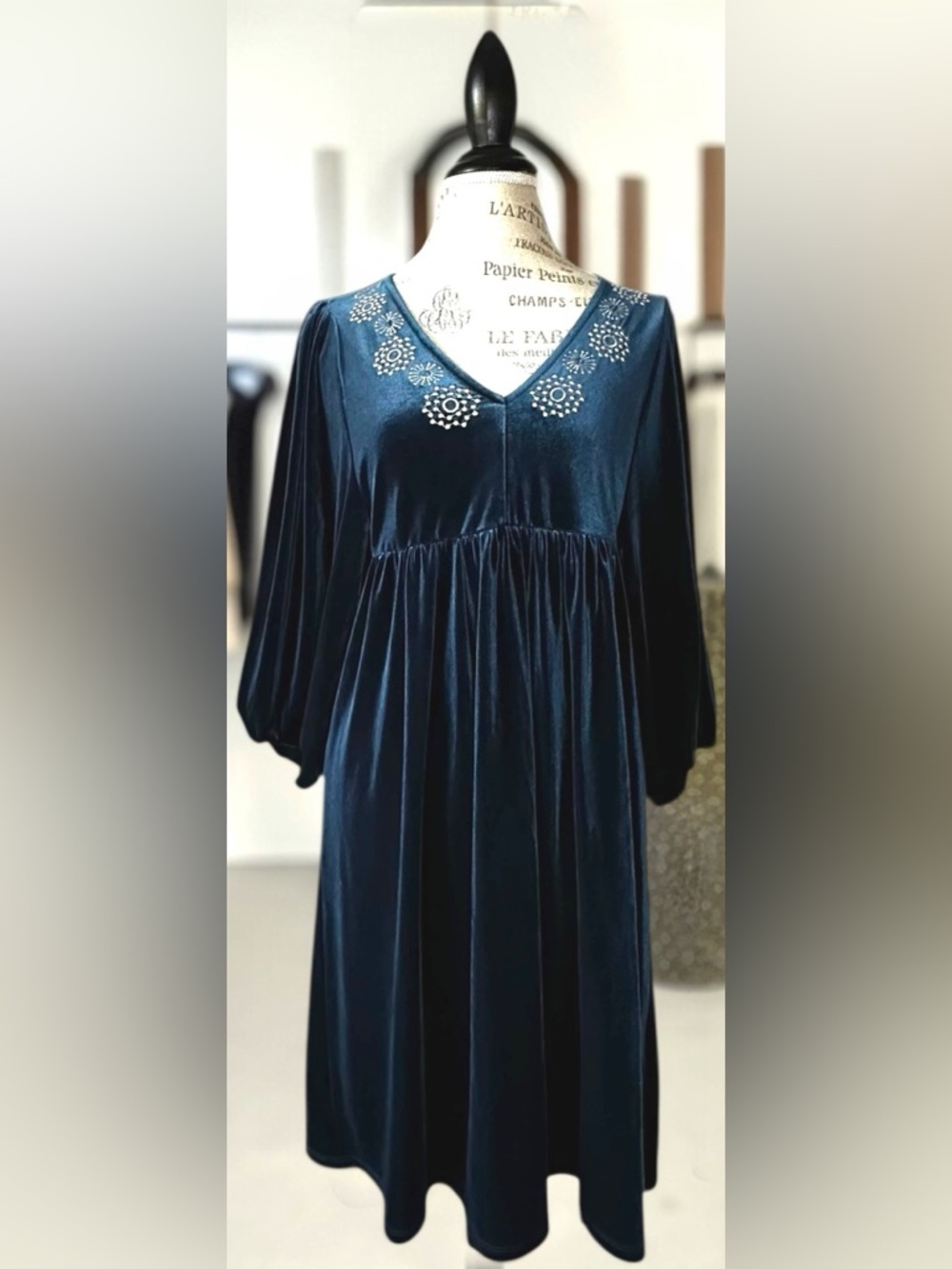 PART TWO Thit Velvet Dress Teal Blue Moonlit Ocean Balloon Sleeve Small